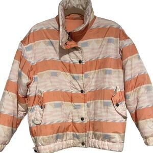 Vintage Striped Puffer Jacket Peach Cream Winter Coat‎ Retro Ski Snow Outerwear